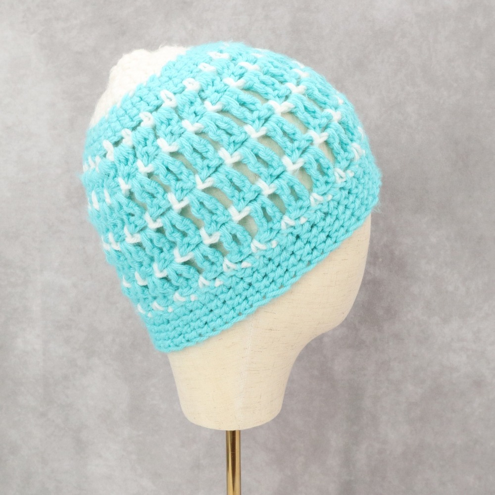 Blue Cable Knit White Handmade Y2K Vintage Cozy Winter Beanie Cap‎ Hat
